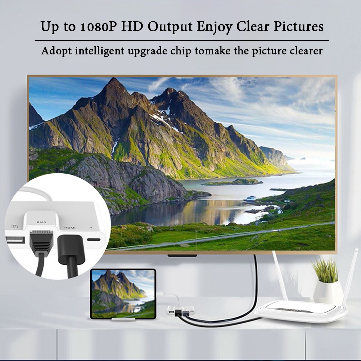 RJ45 Ethernet Light-ning to HDMI Digital AV Adapter for i-Phone 14 i-Pad to TV1080P Network LAN Wired Adapter Charging Converter