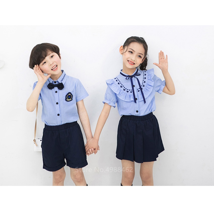Summer Teenagers School Uniforms Girls Plaid Skirt Performance Costumes Kids Japanese Style Clothing Suit 2pcs Class Set Korean