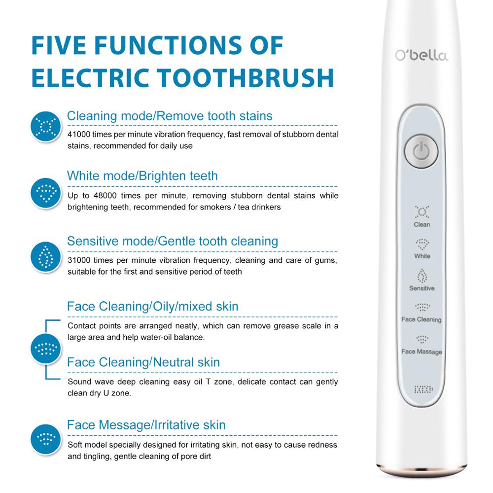 O'bella T10 Electric Toothbrush USB Rechargeable Waterproof Sonic Electric Toothbrush Head Upgraded Ultrasonic Toothbrush