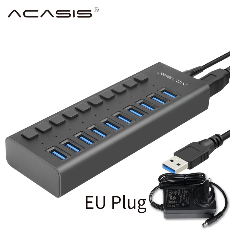 Acasis Multi USB 3.0 Hub 10 ports High Speed With ON OFF Switch Adapter Splitter USB Expander Computer Accessories: EU Aluminum Black