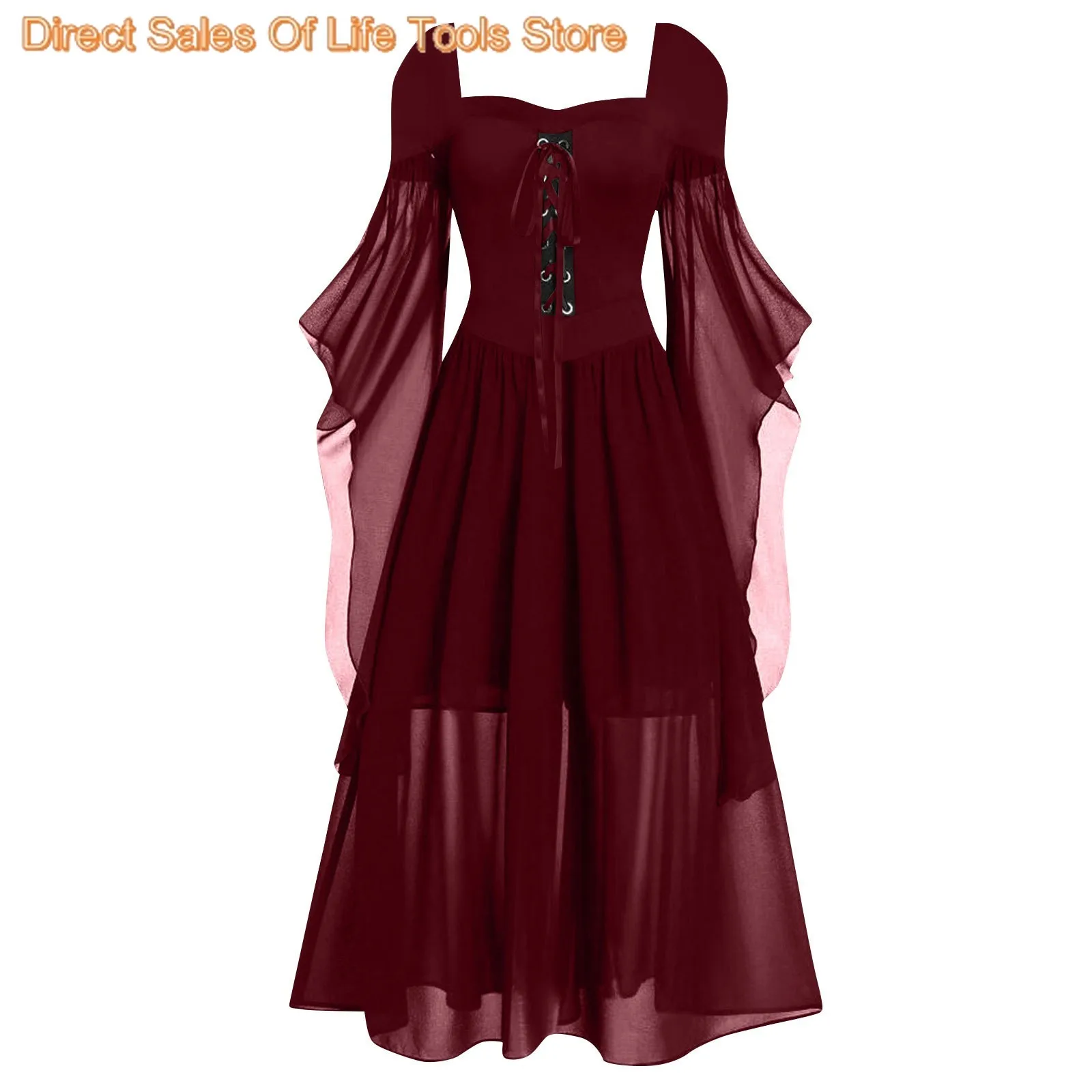 2024 Medieval Witch Dress For Women Halloween Carnival Women Plus Size Cold Shoulder Butterfly Sleeve Halloween Gothic Dress