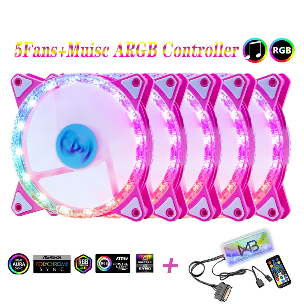 Wovibo-Ventilador silencioso con carcasa LED RGB , Enfriador de CPU de 120mm, Aura Sync, 12V, PWM, 6 pines, Diamante rosa: 5Fans With Music