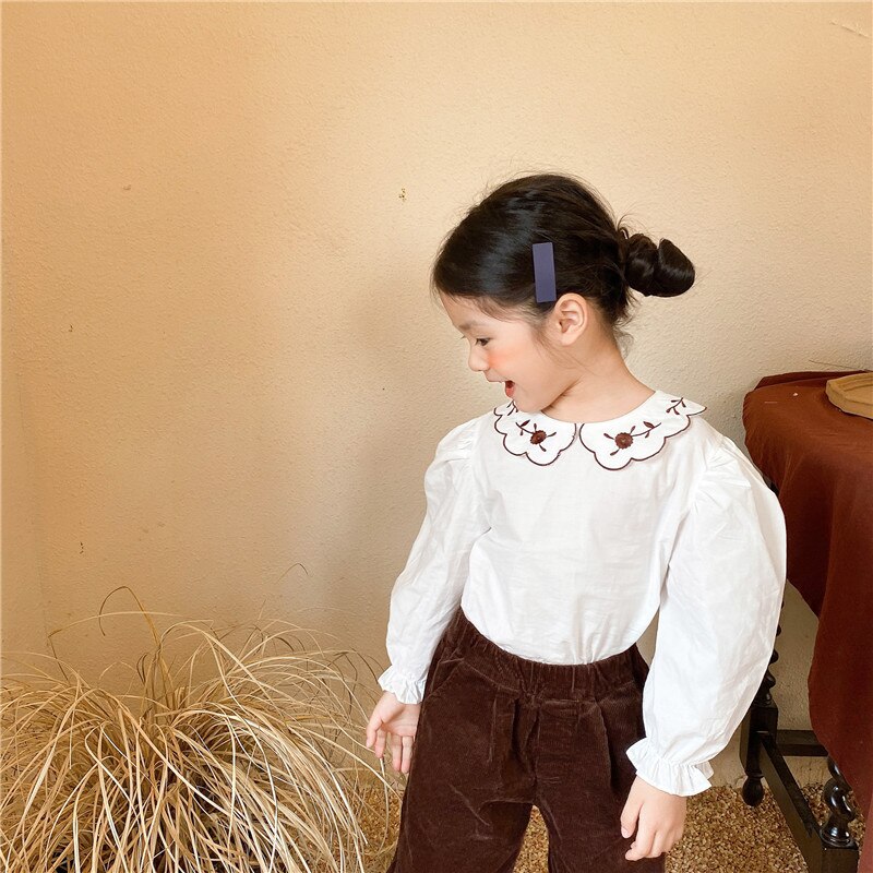 New Autumn Toddler Kids Girls camicia da ricamo manica lunga pizzo di cotone bambini ragazza top camicetta abbigliamento per bambini: white / 5T--120