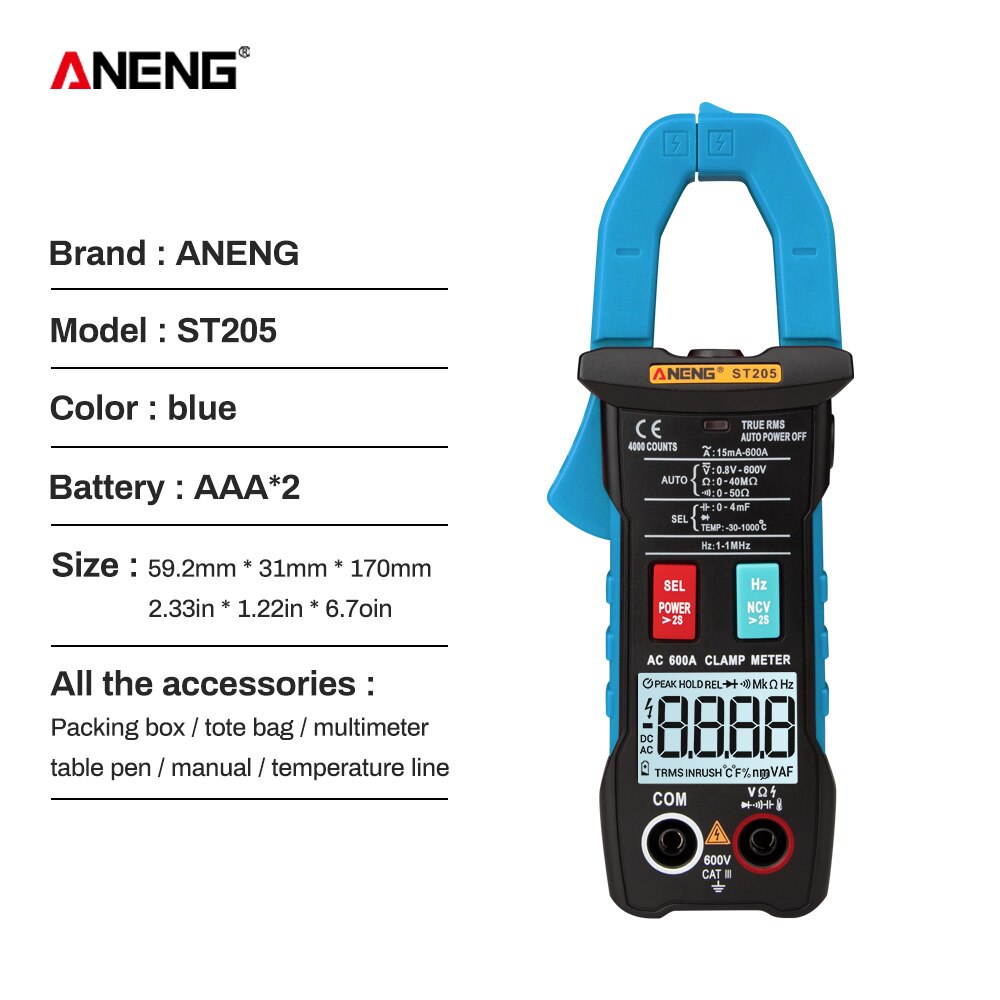 ST204 Digital Clamp Meter True RMS Voltage Resistance Capacitance Multimeter Temperature Auto Range Electrical Meter Tester: Blue
