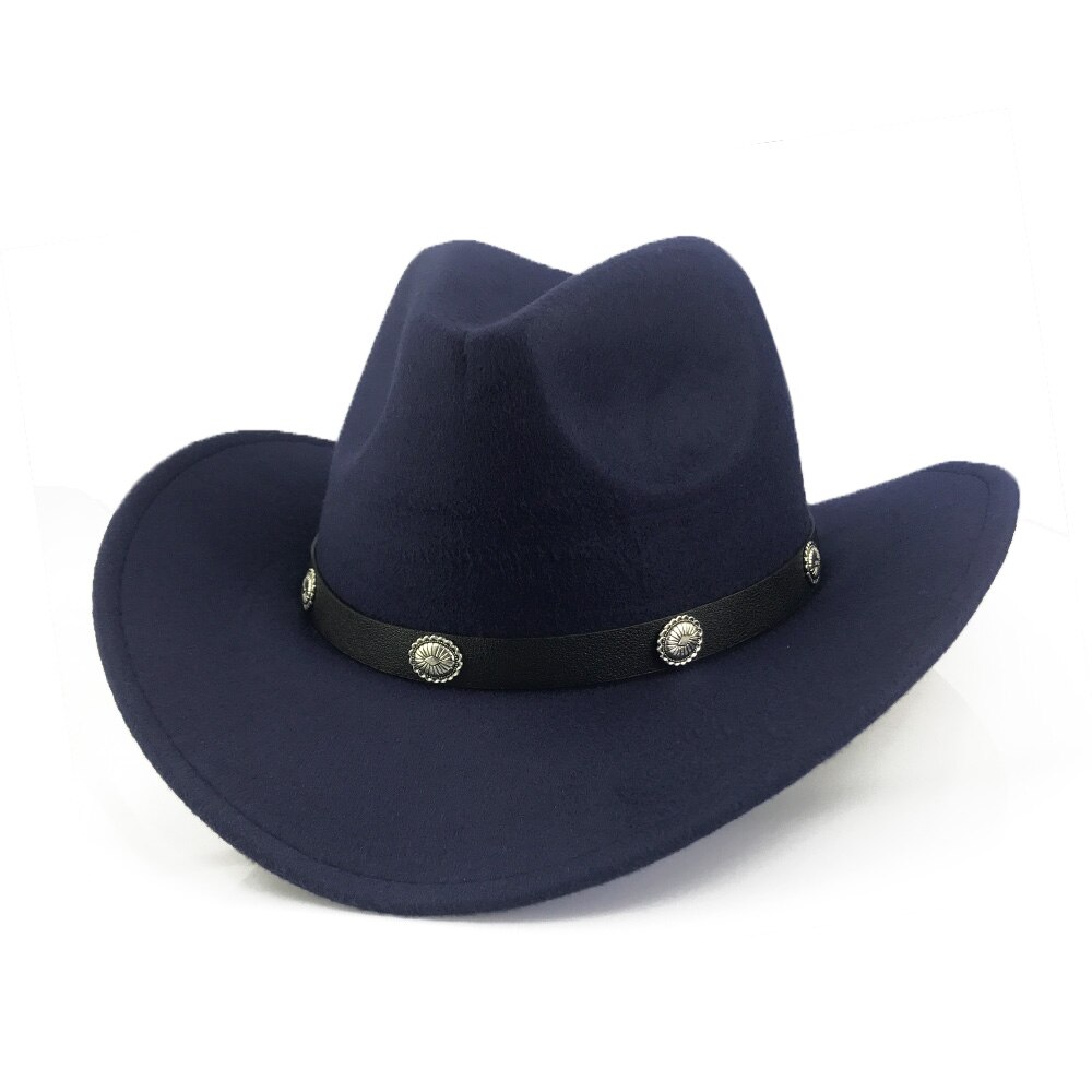 YY-gorra clásica de vaquero occidental para hombre y mujer, sombrero con cinturón de cuero pu, gorros de Jazz para vaquera, 9 colores, CB20070: Navy Cowboy Cap