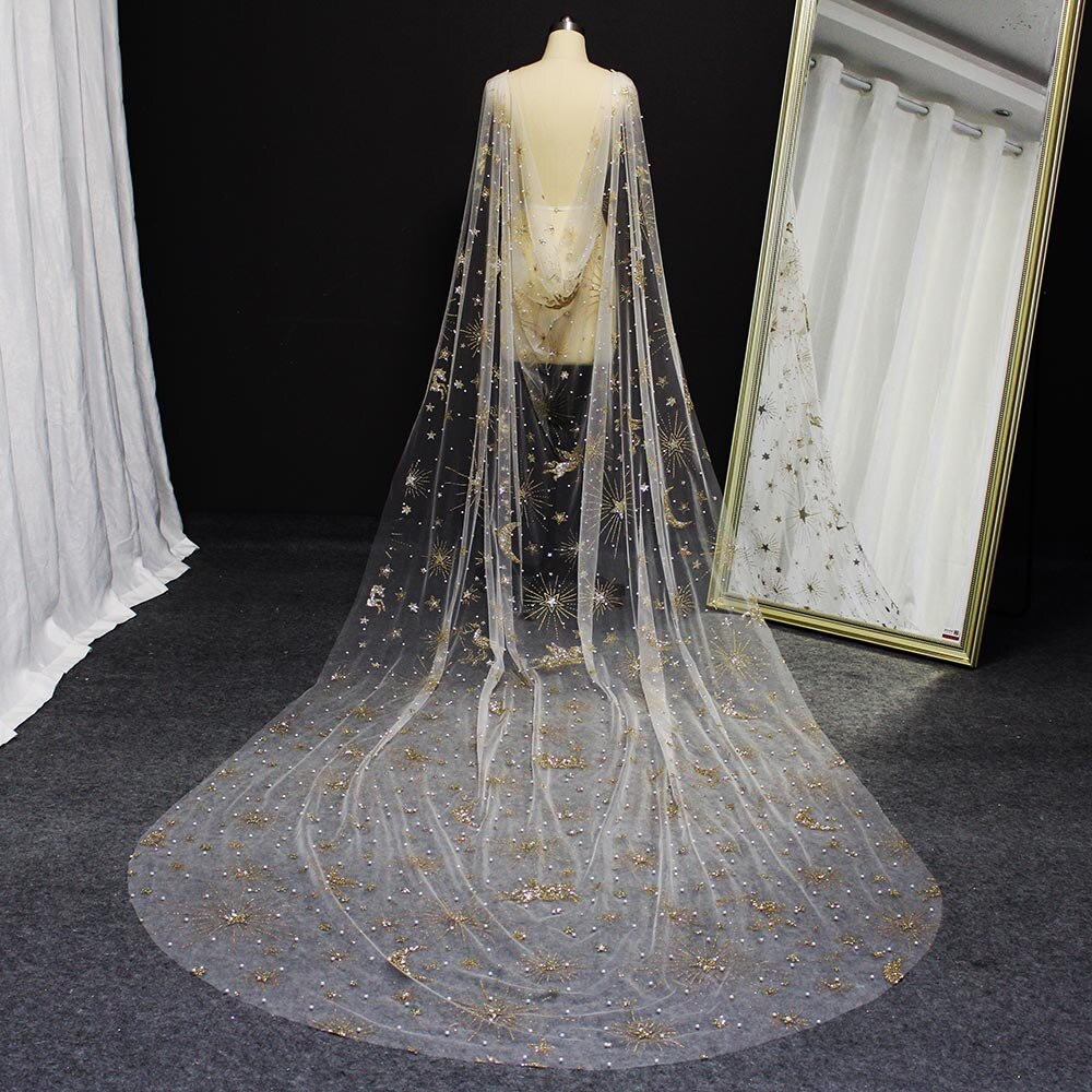 Luxe Parels Bruiloft Cape Met Gold Dust 3 Meter Lange Parels Wedding Bolero Shrugs Voor Vrouwen Bruiloft Accessoires