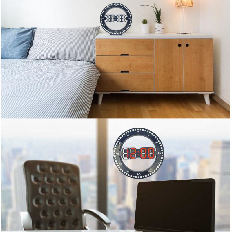 3D LED Digital Wall Clock Electronic Night Glow Round Wall Clocks Automatically Adjust Brightness Desktop Clock EU Plug