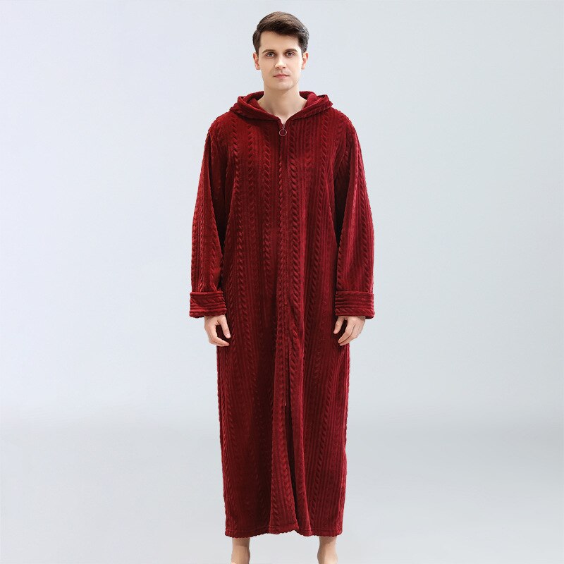 Peignoir Large à capuche pour homme, grande taille, robe de soirée, vêtements d'hiver, flanelle, peluche, fermeture éclair: wine red / XL