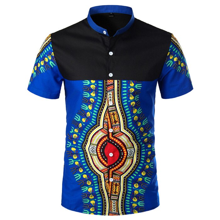 Heren afrikaans dashiki overhemd met opstaande kraag en korte mouwen, heren tribal folk top, 100%  katoenen heren afrika kleding, camisa chemise, s-xxl: Blauw lichaam / Vs