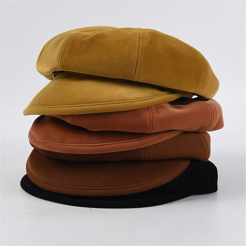 Buttermere fløjlsbuks aviskøs kasket kvinder baret britisk stil solid mørkebrun gul sort orange dame ottekantet kasket