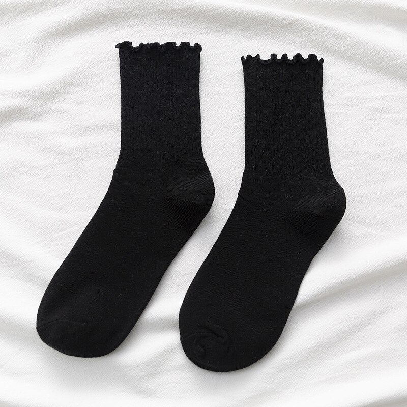 White Socks Women Kawaii Cute Frilly Ruffle Socks Summer Cotton Breathable Korean Japanese Candy Color Crew Socks Female: Black