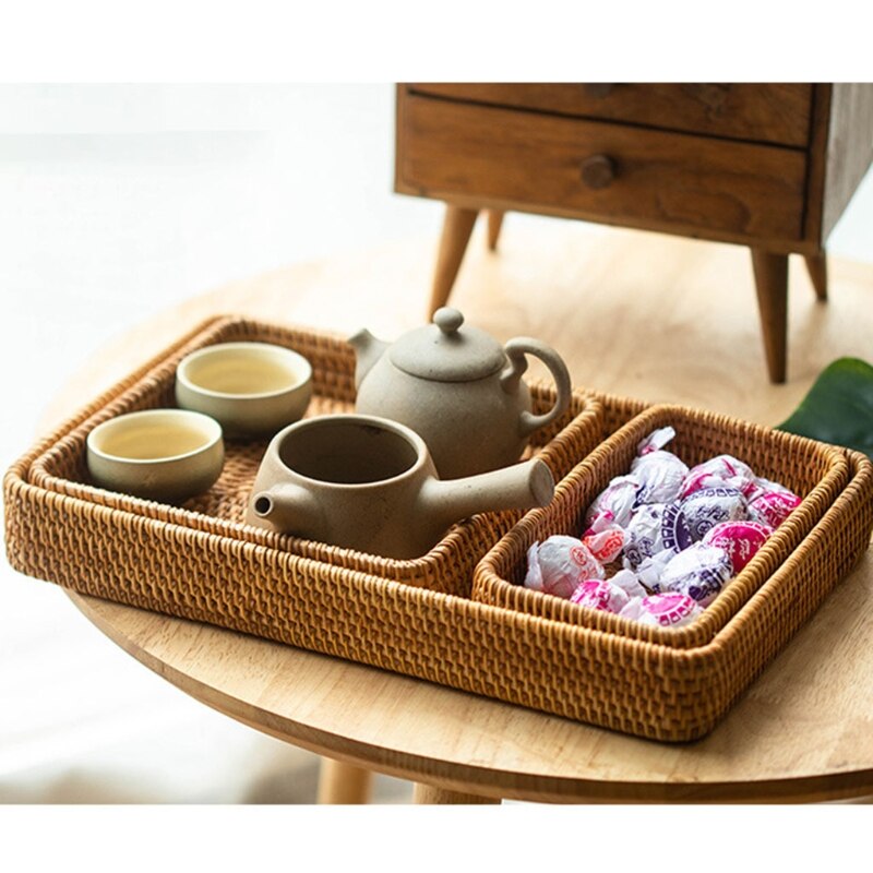 Rattan Storage Basket Rectangular Wicker Hand Woven Fruit Candy Bread Organizer