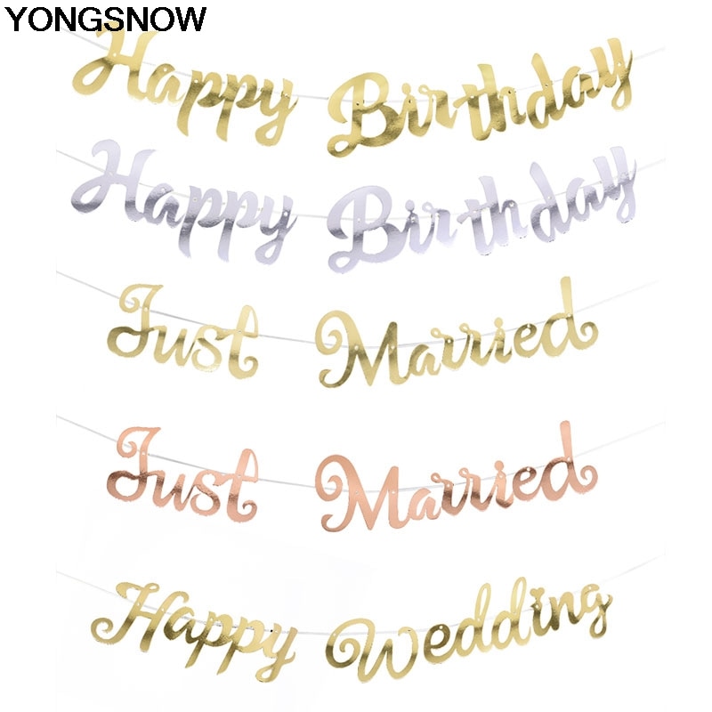 Goud Zilver Gelukkige Verjaardag Gewoon Getrouwd Happy Wedding Banner Garland Voor Wedding Party Verjaardag Opknoping Gors Decoratie Favor