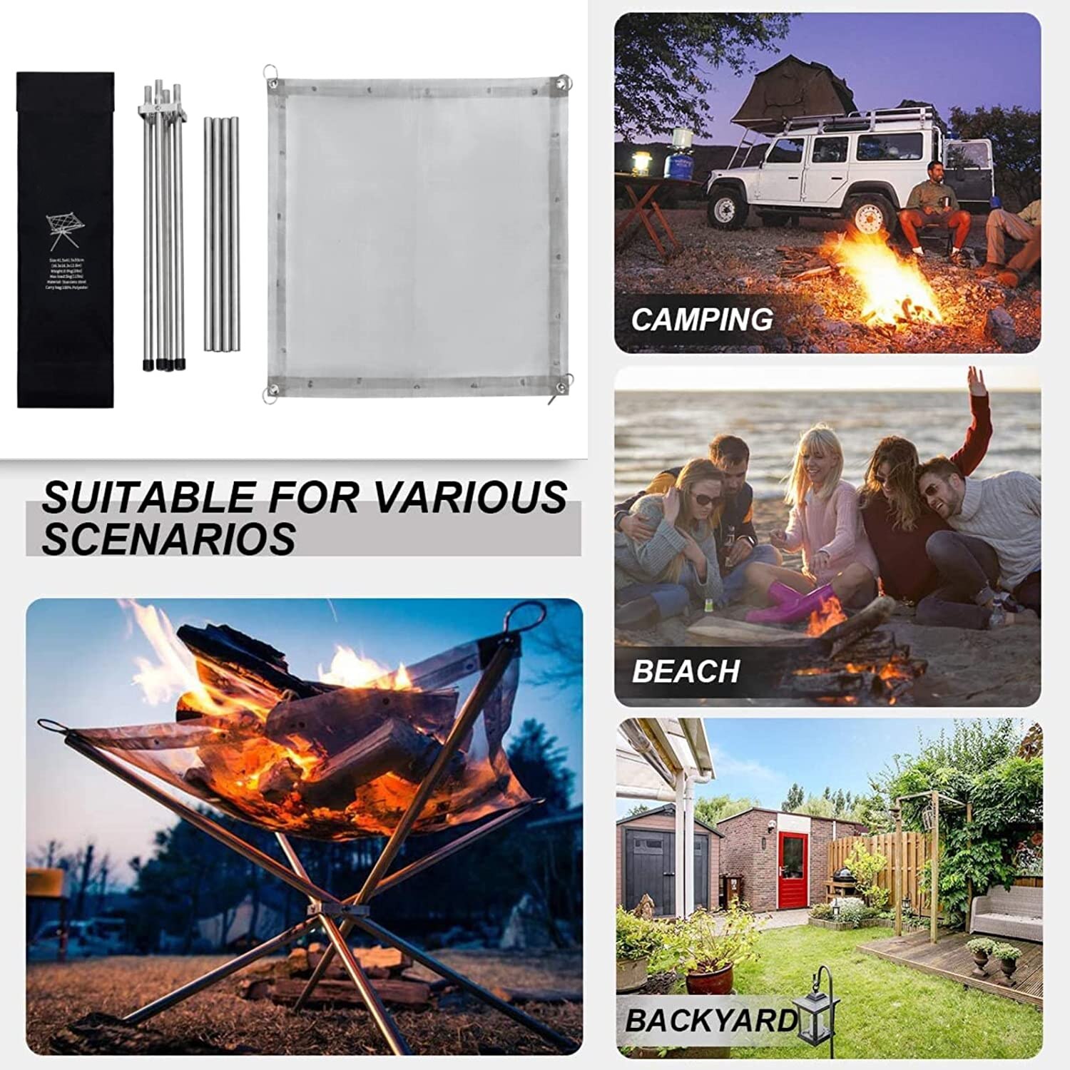 Utendørs camping hage bakgård oppvarming mesh rustfritt stål sammenleggbar bål bålstativ sammenleggbar bålplass grillverktøy demontere