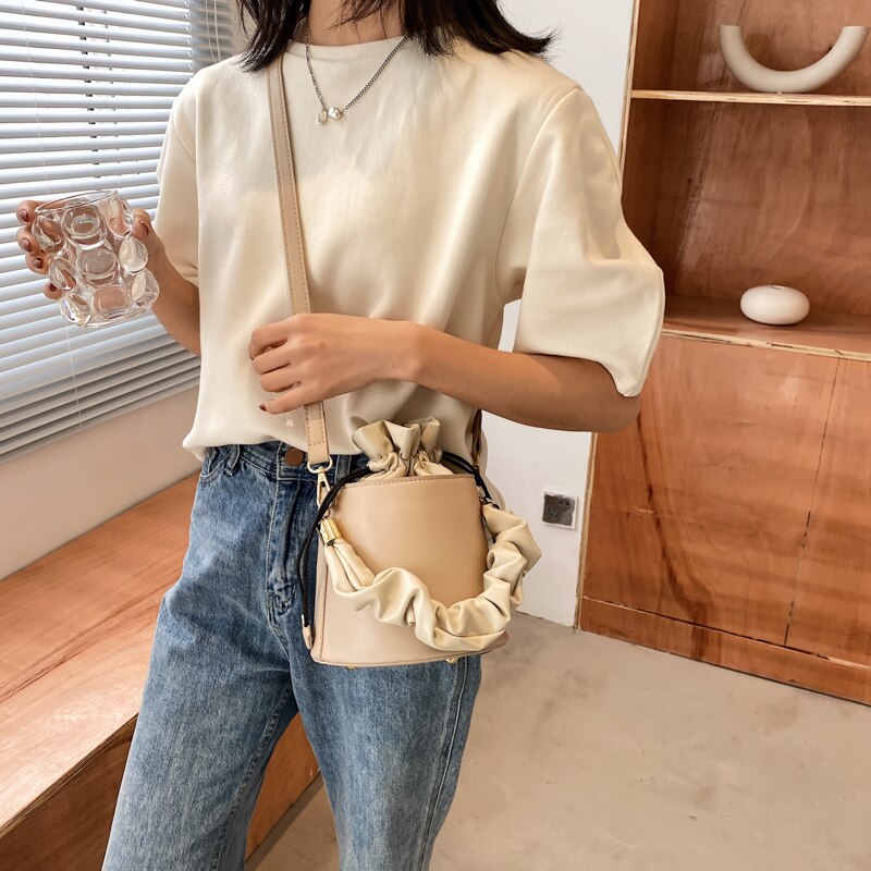 Solid Color PU Leather Women Drawstring Bucket Bags Ladies Small Shoulder Crossbody Bag Female Mini Handbag Purse