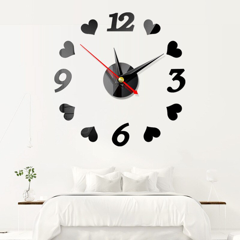 3D Wall Clock DIY Acrylic Large Frameless Mirror Number Sticke Art Decal Living Room Decor Wall Clock Modern: Black-1
