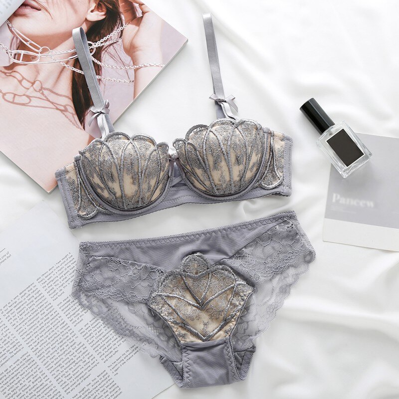 Women Lace Embroidery Shell Bra Sets Sexy Lingerie Bra Sets Push Up Brassieres Lady Suits: Gray / 80B