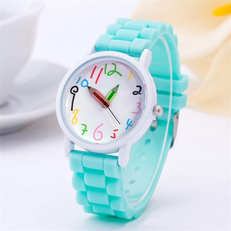 Mode Eenvoudige Mode Kinderen Kids Arabische Cijfers Potlood Analoge Weergave Quartz Horloge Voor: mint