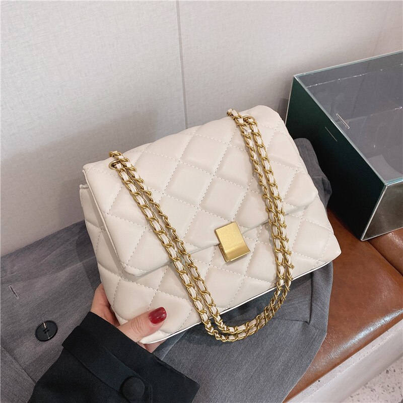 Style Women's Leisure Simple Messenger Bag Women's Single Shoulder Bag Embroidered Line Diamond Lattice Chain Bag