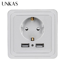 UNKAS 2000mA Dubbele USB Grijs Decoratieve Muur Socket 5V Woonaccessoires EU Plug Stopcontact PC Panel Geaard