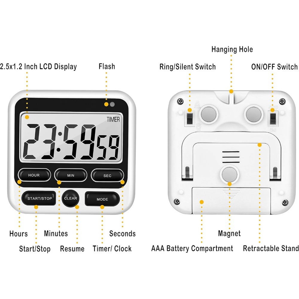 Digital Kitchen Timer with Mute/Loud Alarm Switch ON/Off Switch, 24 Hour Clock & Alarm, Memory Function Count Up Count Dow
