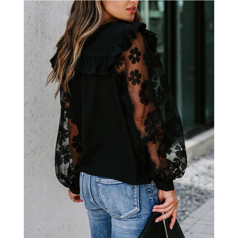 Vrouw Elegante Mesh Patchwork Blouse Lange Mouwen Blouse Zwart Kant Transparante Bloem Lantaarn Mouw Trui Streetwear Shirts