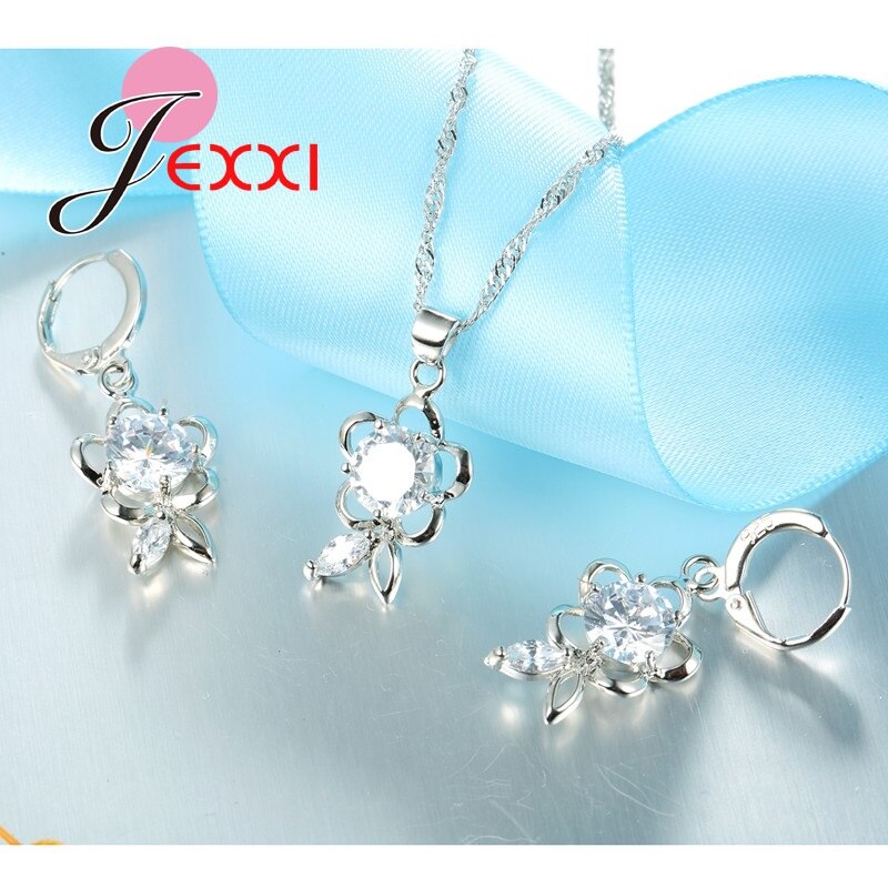 Ensembles de bijoux de mariage en cristal de Zircon cubique de de fleur Vintage pour les femmes boucles d'oreilles en argent pendentif ensembles de collier