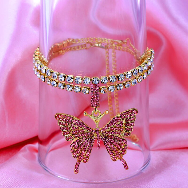 Caraquet Bling Crystal Tennis Chain Big Butterfly Anklet for Women Butterfly Charm Anklet Foot Chain Rhinestone Jewelry