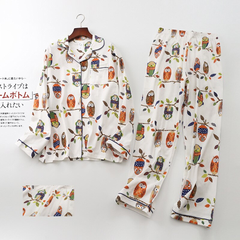 Pyjama dames s 100%  katoenen 2-- delige pyjama lange mouwen broek nachtkleding herfst winter pyjama dames print cartoon huiskleding: Beige uil / Xl