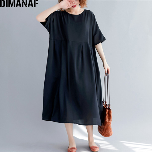 DIMANAF vestido para mujer en tallas grandes negro verano estilo Casual vestido de gran tamaño mujer dama Vestidos de algodón vestido básico 5XL: XXXL
