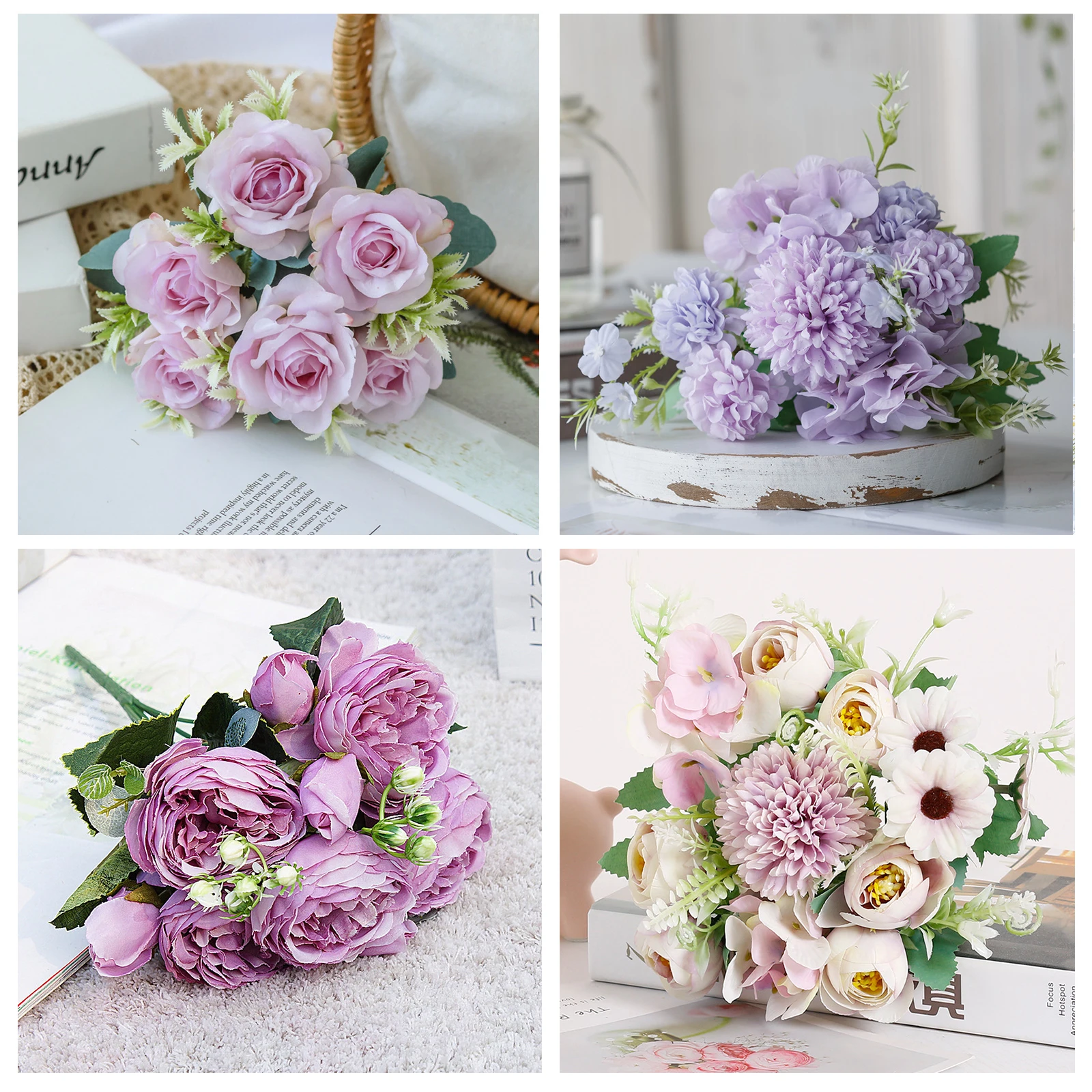 Fleurs artificielles violettes pivoines, 1 Bouquet, fausses roses d'automne en soie pour bricolage, décoration de salon, jardin de maison, mariage
