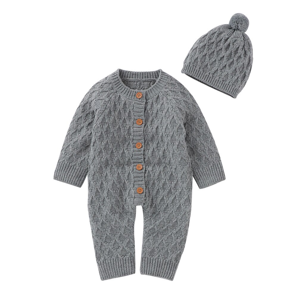 Focusnorm 0-18M Winter Baby Meisjes Jongens Trui Rompertjes Lange Mouwen Single Breasted Solid Warm Jumpsuits Hoeden: Grijs / 18m