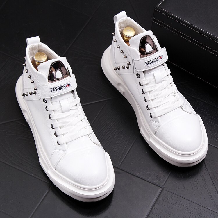 Stephoes Neue Männer hoch oben lässig Schuhe Frühling Herbst Metall Nieten Freizeit Stiefeletten Hüfte hüpfen Turnschuhe Zapatos hombre: Weiß / 38
