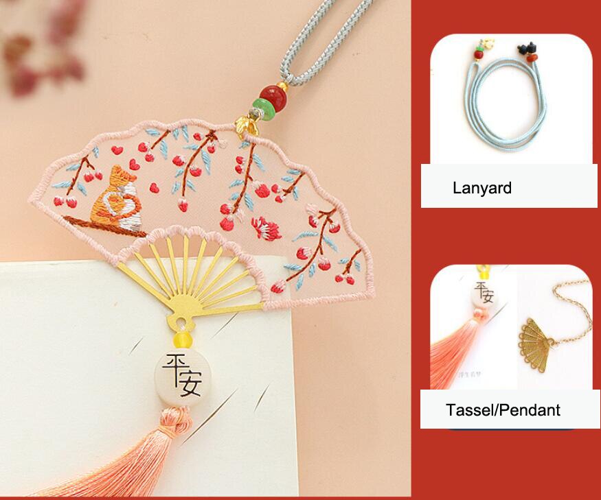 Handmade Diy w kształcie wachlarza zakładki wieszak samochodowy haftowany materiał torba z frędzlami dwustronny haft Ping Fu na prezenty Deco: A494