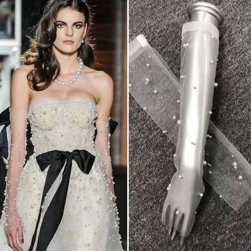 Simple Wedding Dress Gloves Bride Long Glove Photography Props Thin Section Mesh Artificial Pearl Mittens