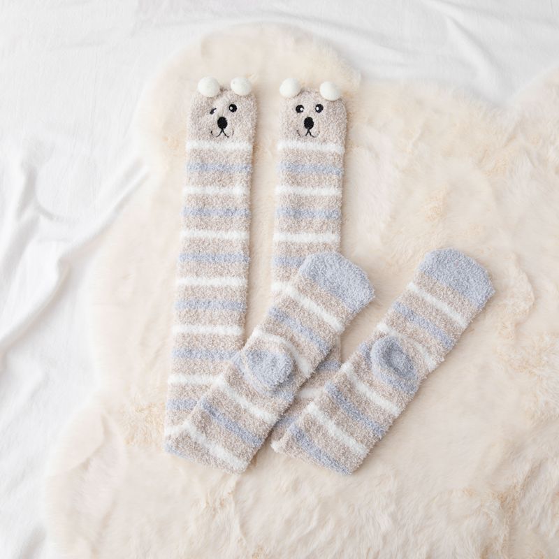 Winter Soft Coral Fleece Women Thigh High Socks Cute Cartoon Animals Panda Cat Bear Over Knee High Ladies Girls Long Socks Home: style 1 striped