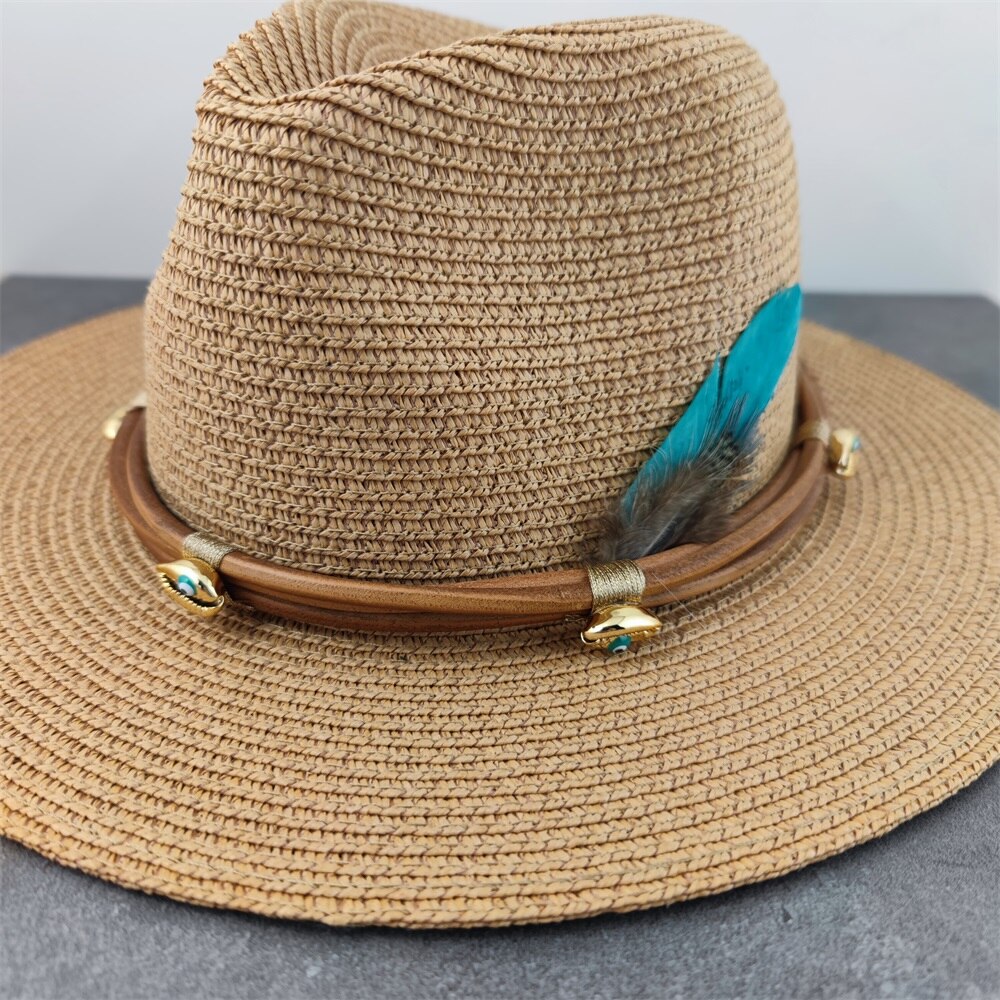 Boho stil solhat bred skygge floppy sommerhatte til kvinder strand panama stråkuppel blomsterhat femme skyggehat: 7