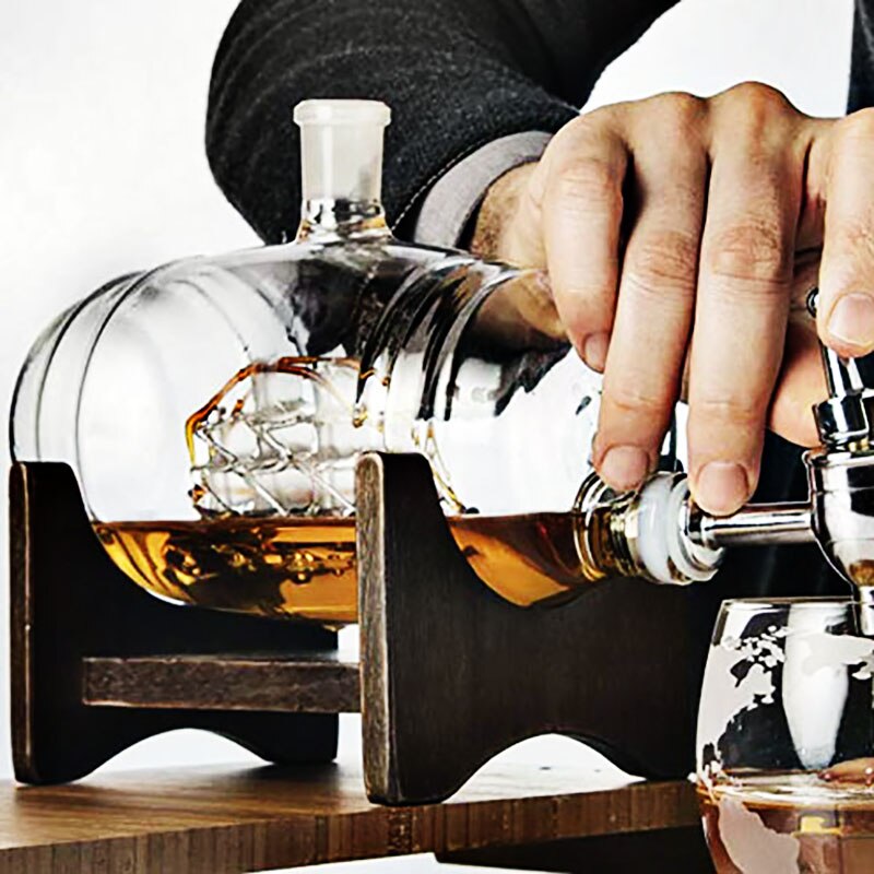 DEOUNY Glass Barrel Whiskey Decanter Nautical Liquor Dispenser Lead Free Beer Decanter For Bourbon Rum Brandy Decoration 1000ml