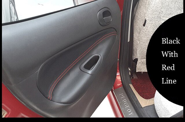 Panel de puerta Interior de microfibra de cuero de 4 Uds., cubierta de reposabrazos para Peugeot 206 207 Citroen C2: Black With Red Line