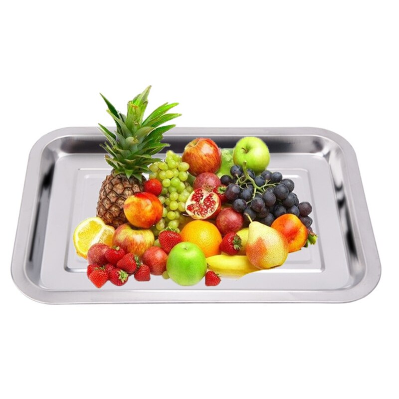 32*22Cm Dikke Lange Vierkante Zilveren Roestvrij Staal Bbq Accessoires Barbecue Voedsel Lade Vlakke Bodem Outdoor Camping Bbq huishouden