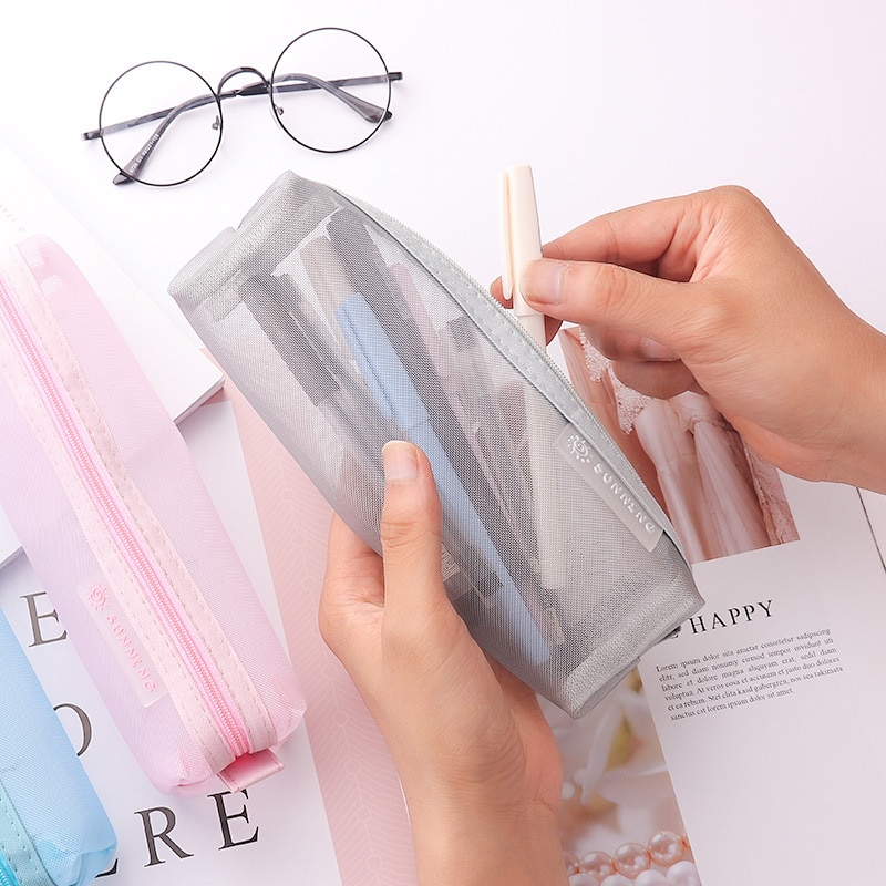 Bolsa de lápices de papelería transparente para examen de estudiante, estuche de bolígrafos de malla de nailon dedicado, bolsa de gran capacidad Unisex, suministros escolares