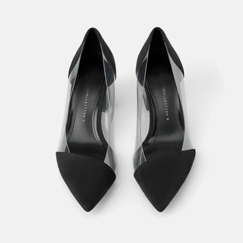 LTARTA buty damskie szpiczasty nosek szwy przezroczyste gumowe szpilki buty nowe niskie usta czarne zamszowe buty na obcasie FCH