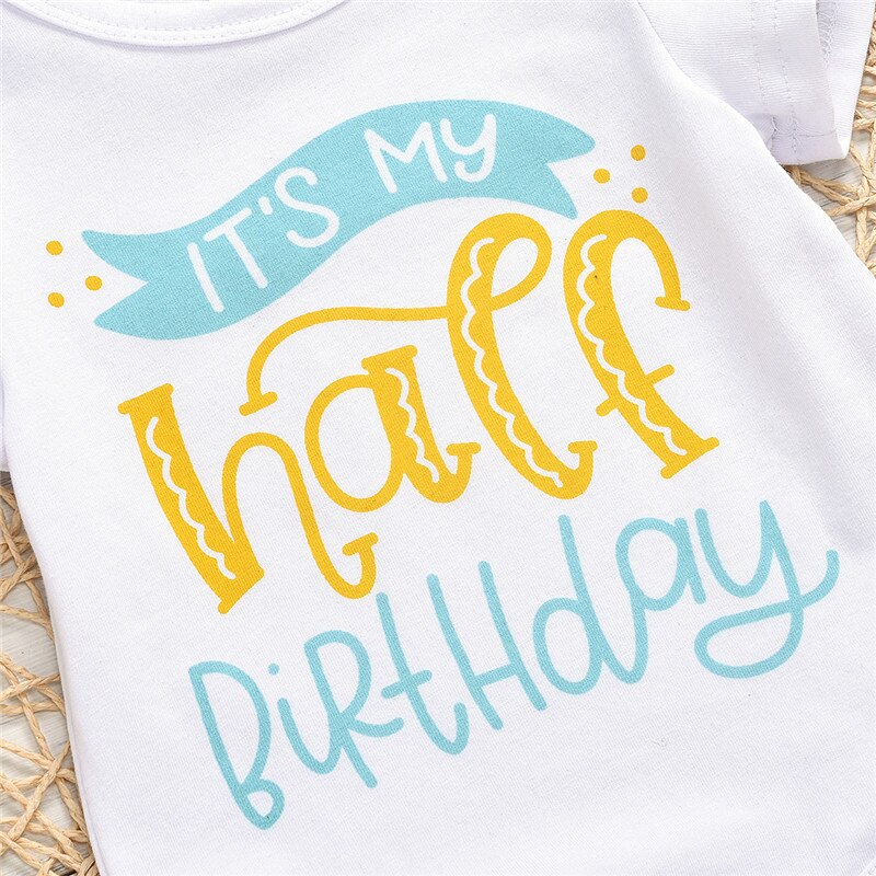 Geboren Baby Geribbelde Brief Print Romper, Peuter Jongen Meisje O-hals Korte Mouw Half Verjaardag Print Top