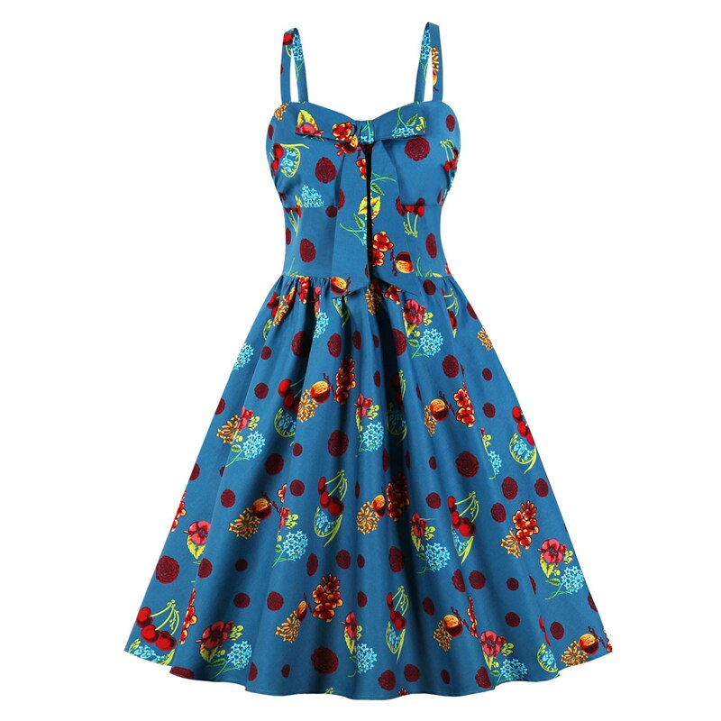 Tonval flerfarvet print sløjfe foran 50s vintage højtaljede plisserede kjoler til kvinder spaghetti rem fest pinup kjole: Flerfarvet bomuld / S