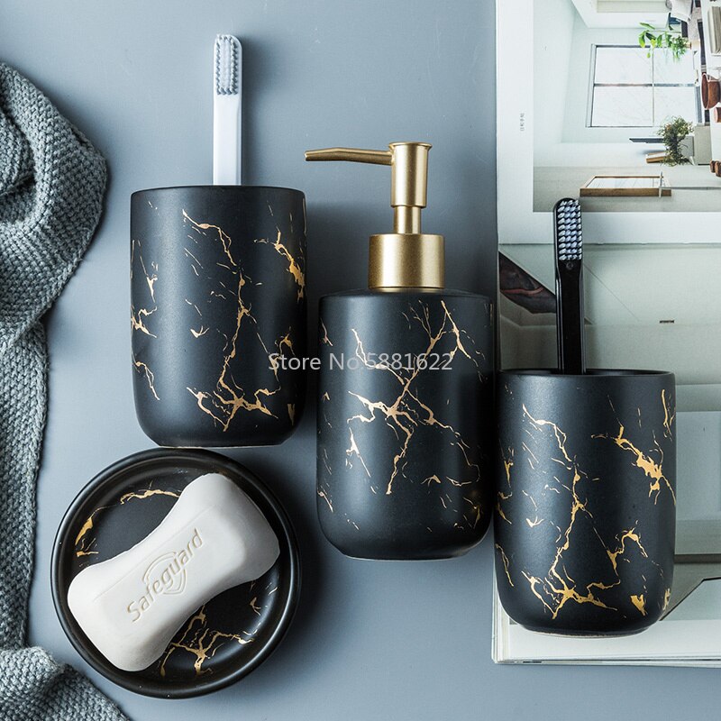 Luxe Keramische Badkamer Accessoire Set Marmeren Zeepdispenser Pomp Fles Thuis Paar Mondwater Cup Zeepbakje Wassen Gereedschap