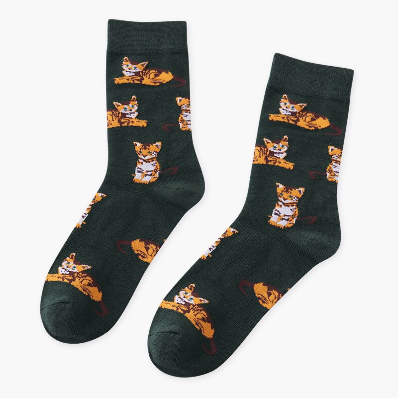 Novedad de , calcetines cortos Teckel Shiba Inu Tiger Beagle para mujer, bonitos calcetines de algodón con de Animal para mujer: Dark green cat