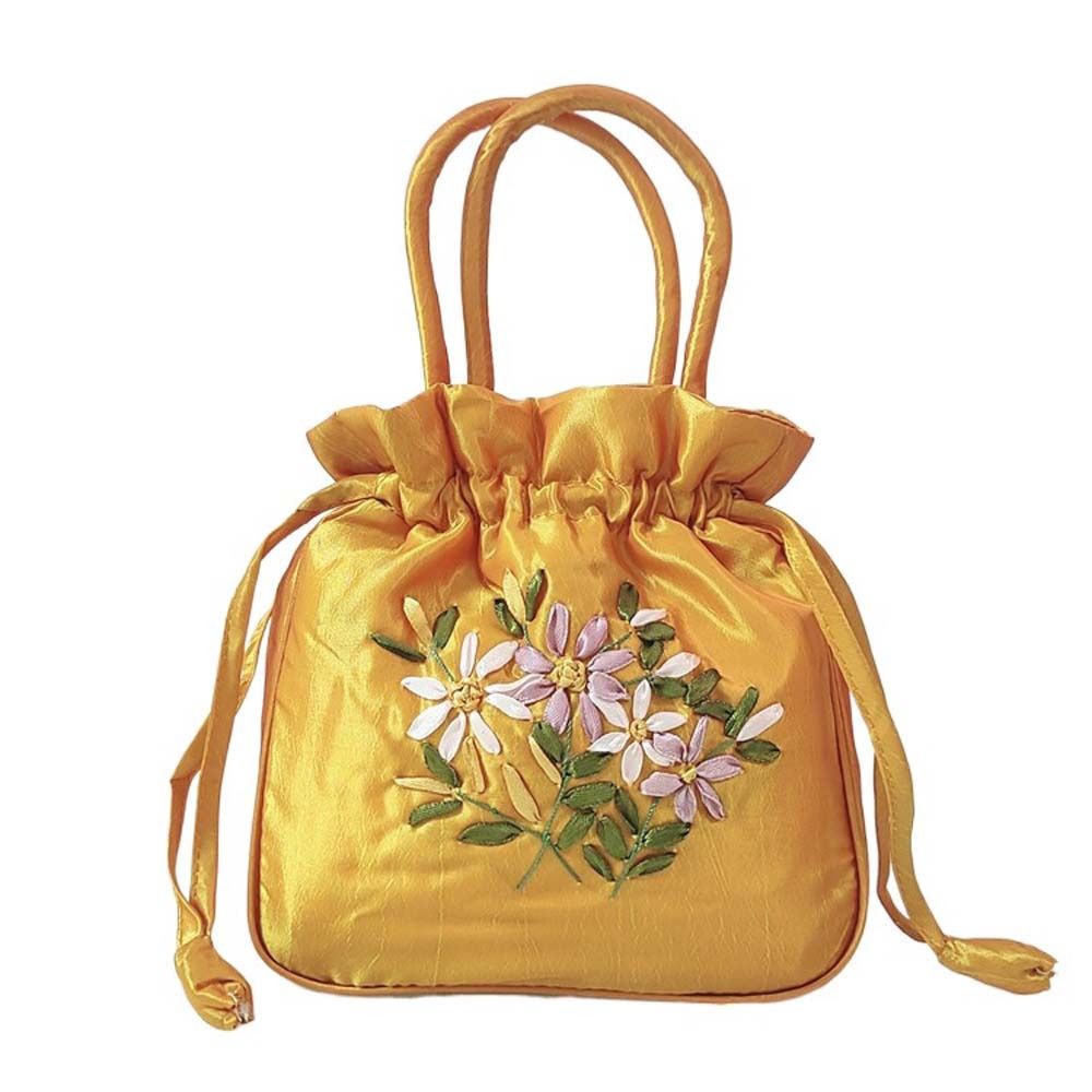 Bolso de mano con bordado de seda satinada para mujer, cartera pequeña con cordón Floral, Hanfu, Retro y: Marfíl
