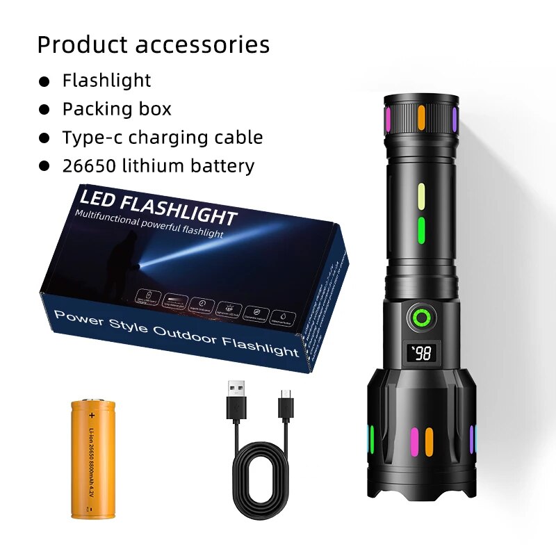 Hochleistungs-Scheinwerfer, LED-Taschenlampe mit großer Reichweite, fluoreszierende absorbierende Folie, leuchtende bunte Zoomen-Taschenlampe, Camping-Notfall: Grau