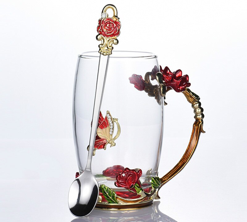 Europäischen Stil Emaille Glas Tasse Kaffee Milch Trinken Blume Getränk Tee Tasse einstellen mit Deckel Löffel Kasten Paar Glas typ bilden: rot hoch