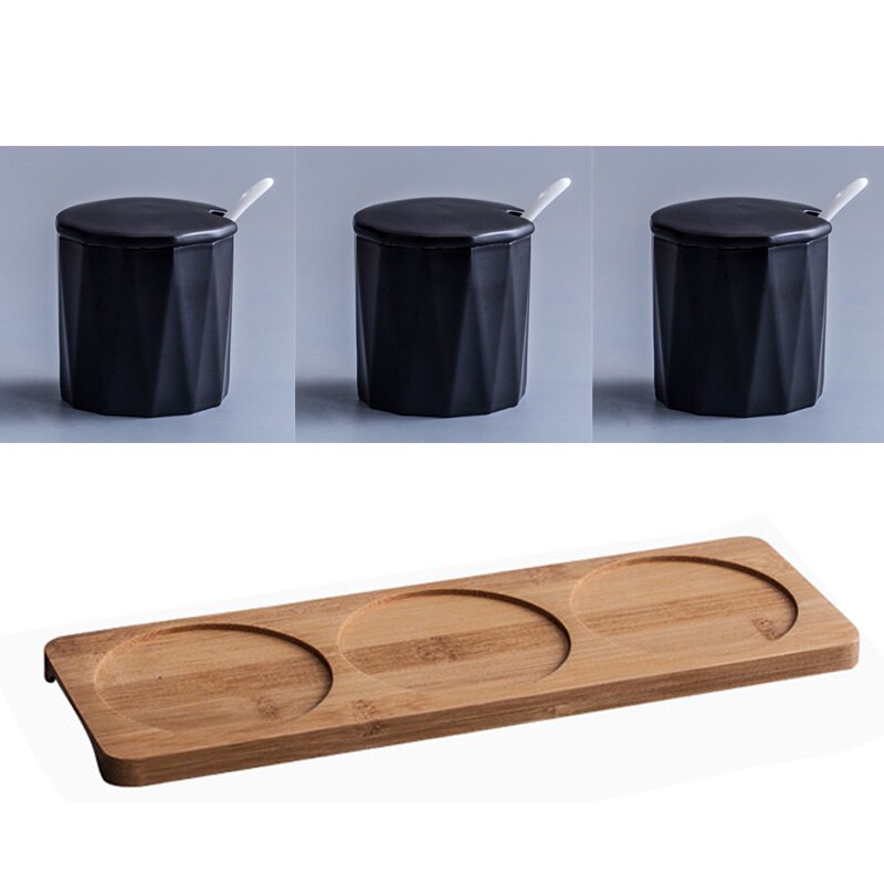 Keramische 3 Stks/set Kruiden Jar Suiker Peper Shaker Keuken Saus Potten Kruidenrek Organizer Opslag Fles Plank Zout Met Lepel: 3 Pics-JHBK-MT